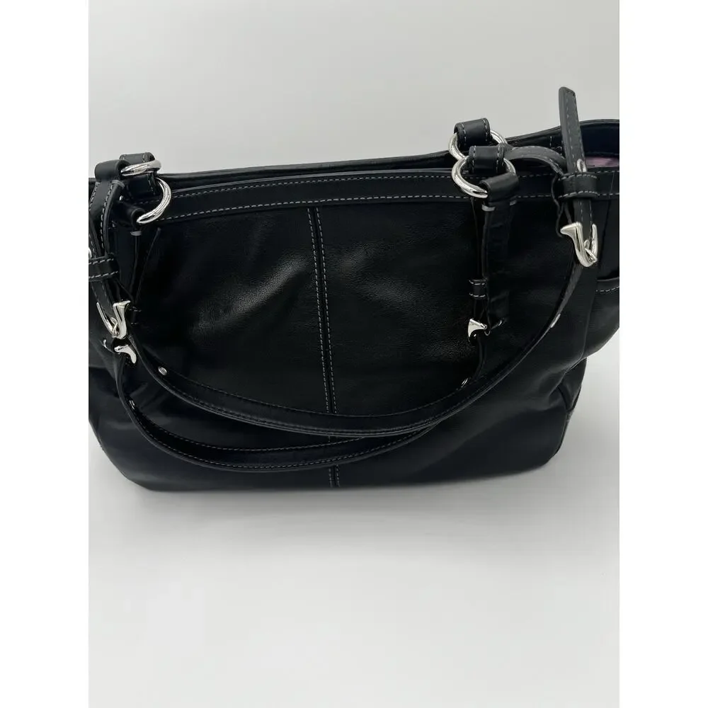 Coach Gallery F13759 Black Leather Pleated Tote Shoulder Bag Purple Lined